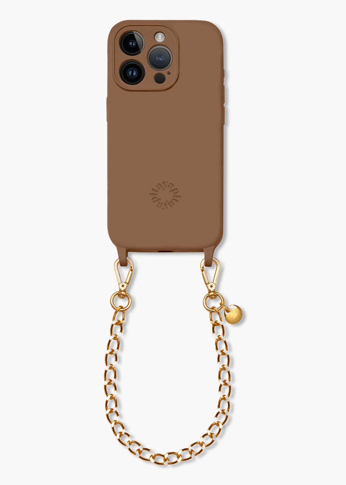 Alça de Mão Corrente Dourada G + Case Marrom para iPhone