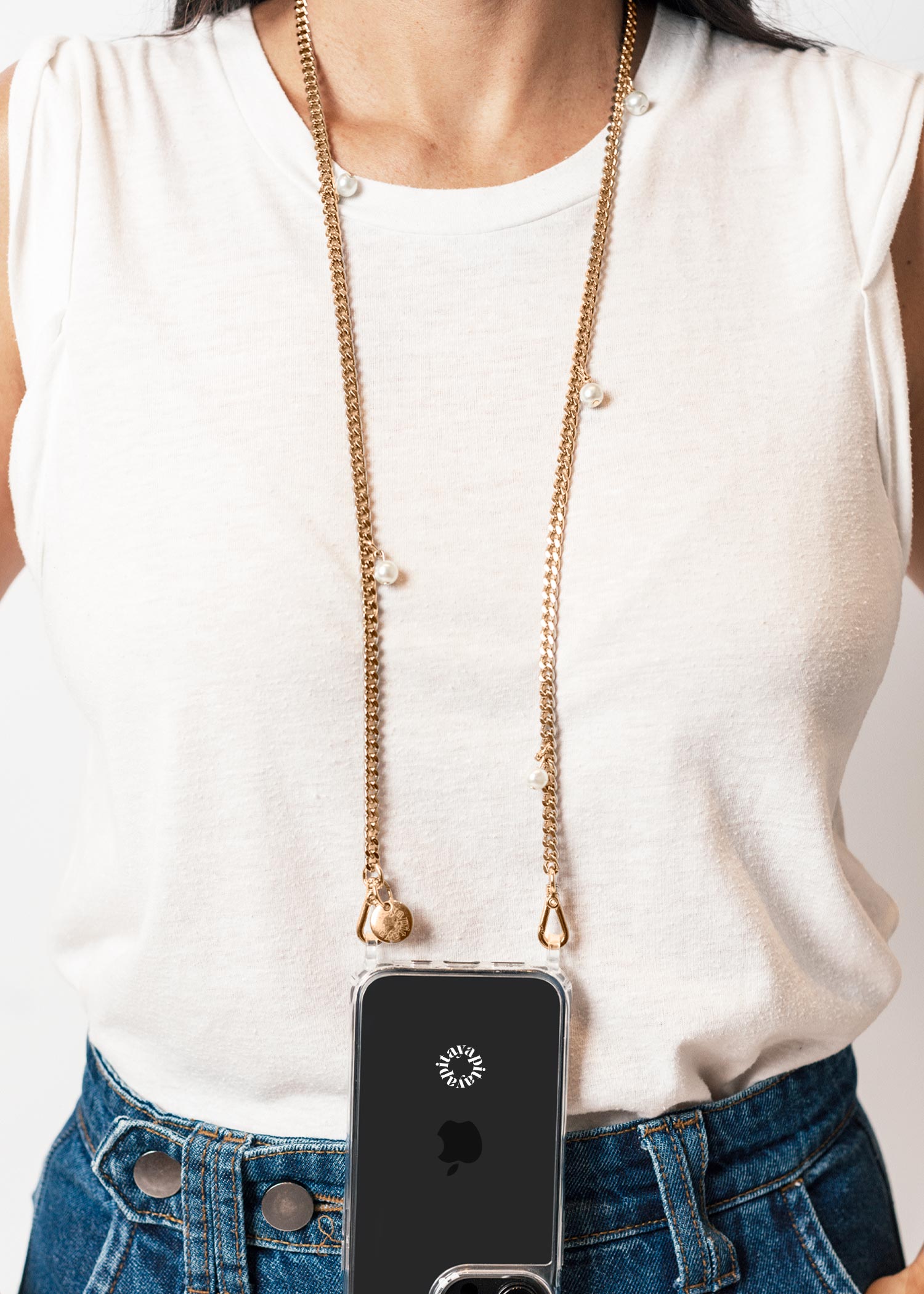 Alça Universal Corrente Dourada com Pérolas para Celular – Aya Pitaya